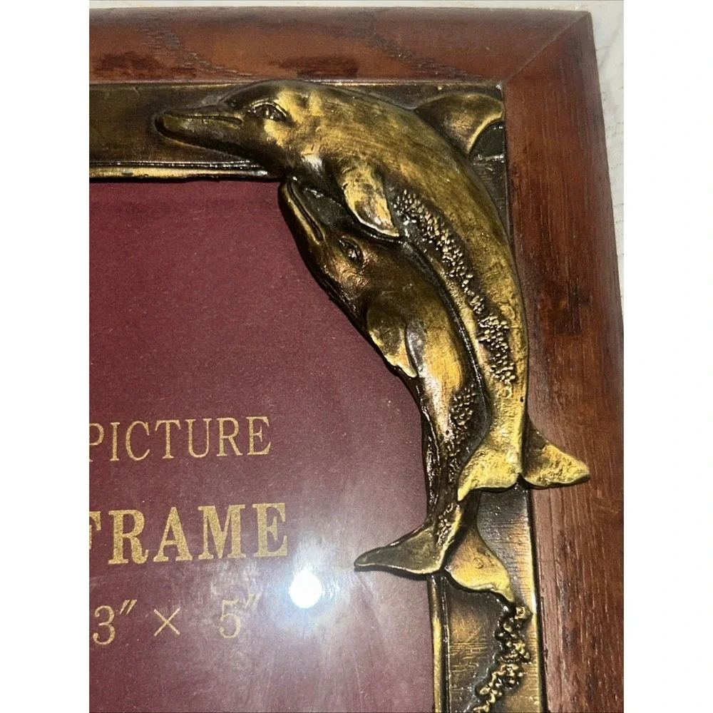 Vintage Dolphin Picture Frame 3x5 Wood Brass Tone Coastal Nautical Korea